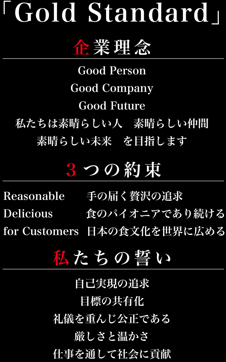 「Good Person」「Good Company」
私たちは素晴らしい人、素晴らしい仲間をめざします
一人はすべてのために、すべては一人のために
自己実現の追求　自らの目標に向かって　日々成長します
目標の共有化　仲間と一緒に　ともに成長します
礼儀を重んじ公正である　感謝の心を忘れず　正しくあるように努めます
良い仕事をしている　お客様　仲間からも称賛される仕事を目指します
業界常識の否定と現状の打破　現状に満足せず　常に成長し続けます
厳しさと温かさ　決まりを守り　仲間を思いやります
